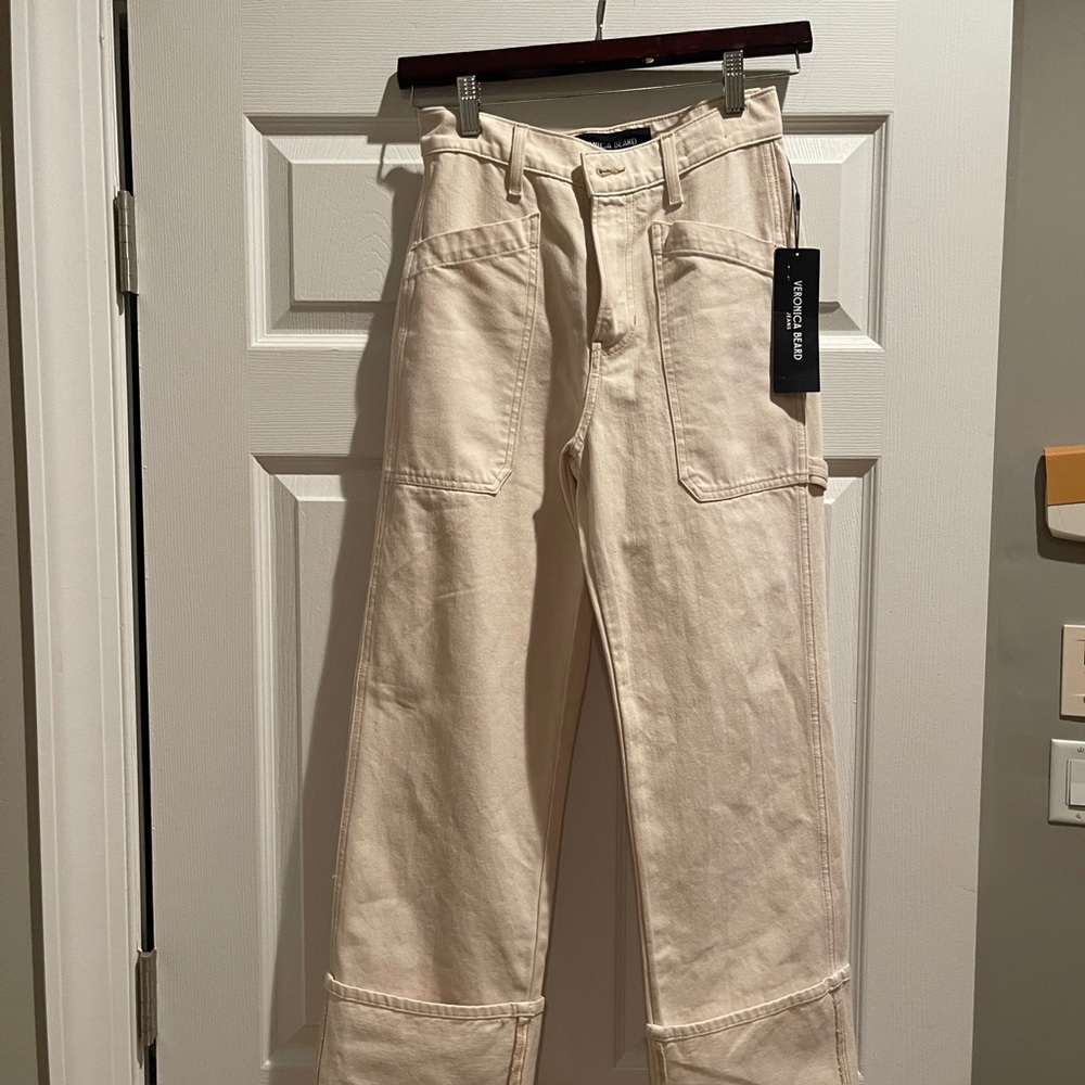 Veronica beard Dylan straight leg creme colored jeans.